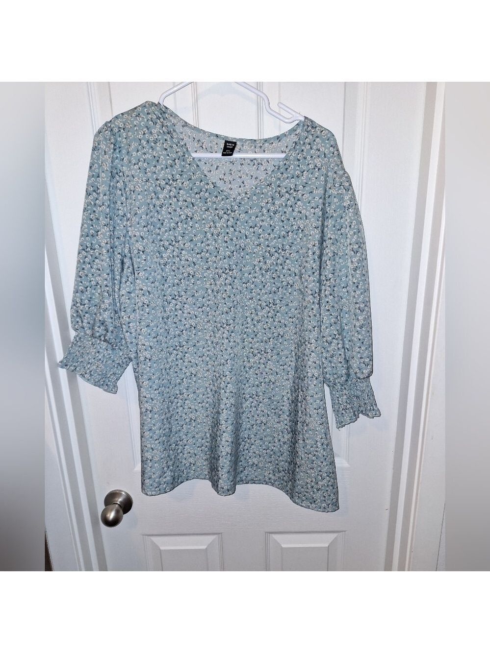 Blue Peasant Top with Small White Flowers